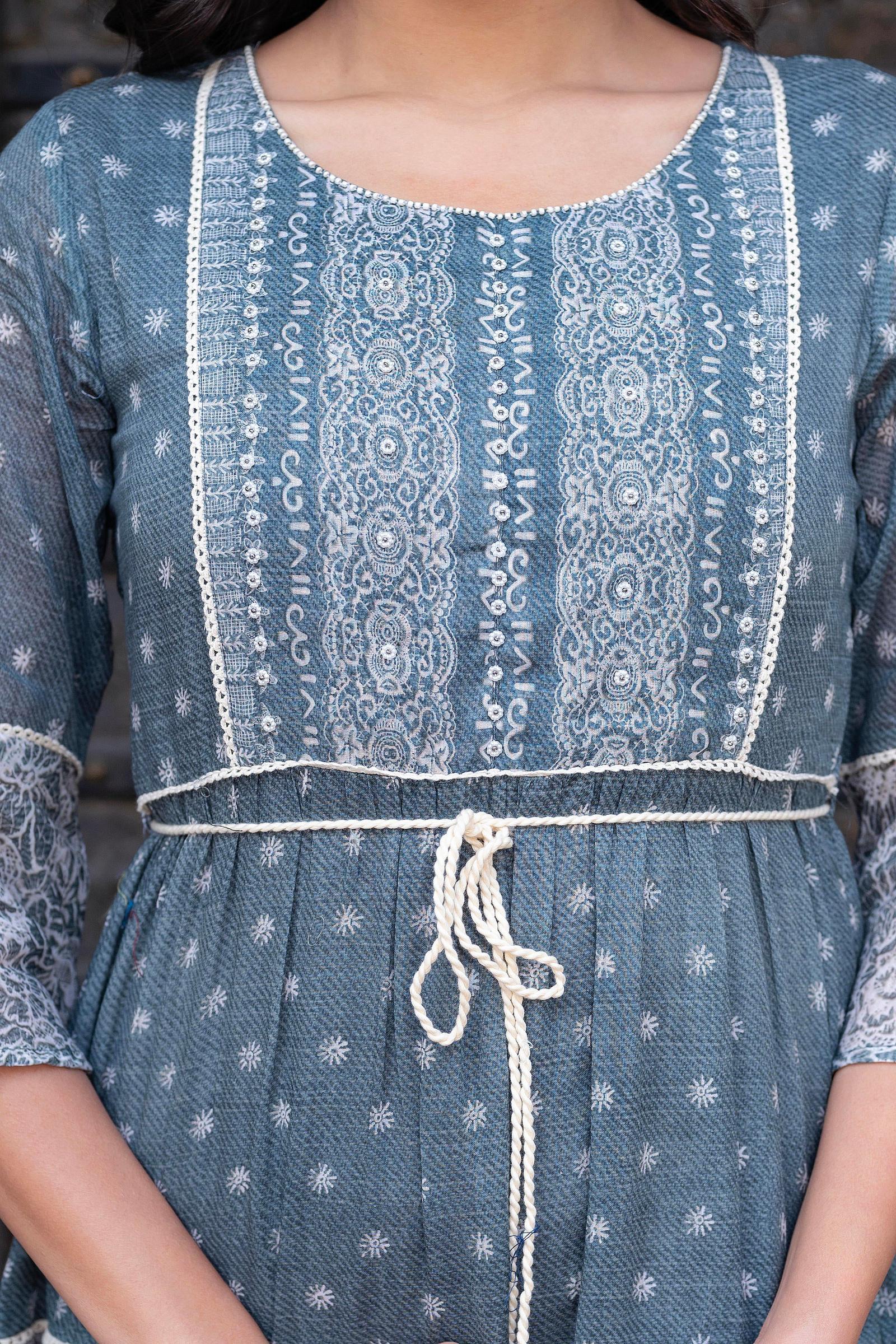 Juniper Grey Floral Printed Cotton Dress with Dori, Cotton Lace & Bead Work - Distacart
