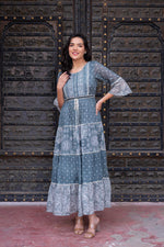 Thumbnail for Juniper Grey Floral Printed Cotton Dress with Dori, Cotton Lace & Bead Work - Distacart