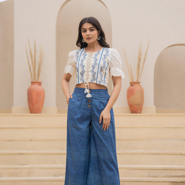Juniper White Embroidered Crop Top With Light Blue Wide-Leg Pants