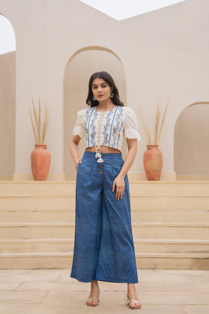 Juniper White Embroidered Crop Top With Light Blue Wide-Leg Pants - Distacart