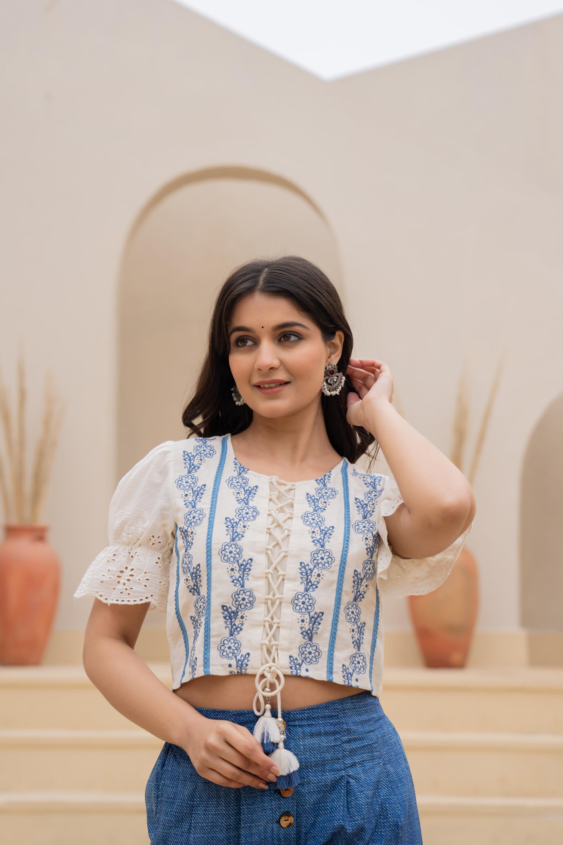 Juniper White Embroidered Crop Top With Light Blue Wide-Leg Pants