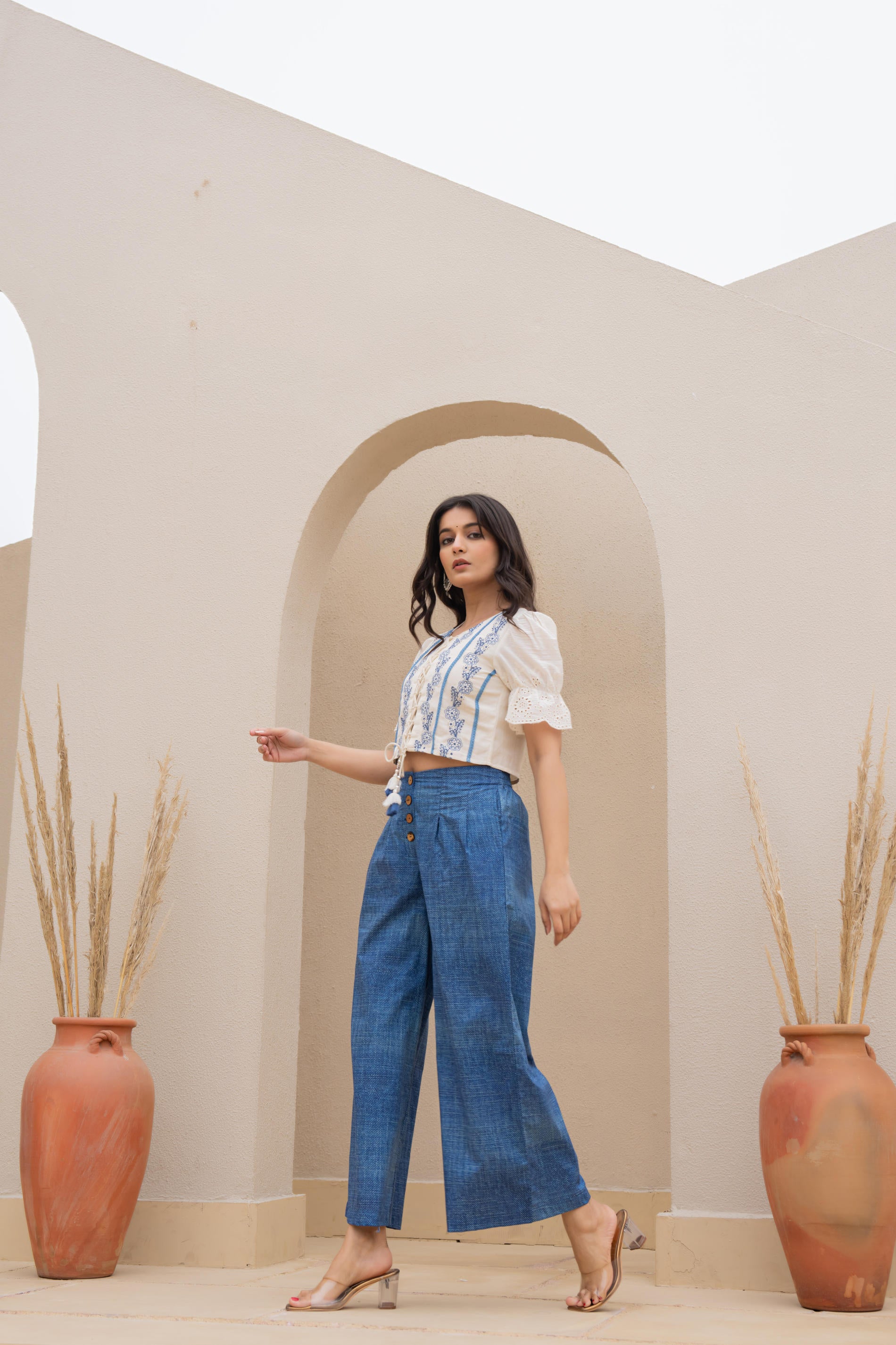 Juniper White Embroidered Crop Top With Light Blue Wide-Leg Pants - Distacart