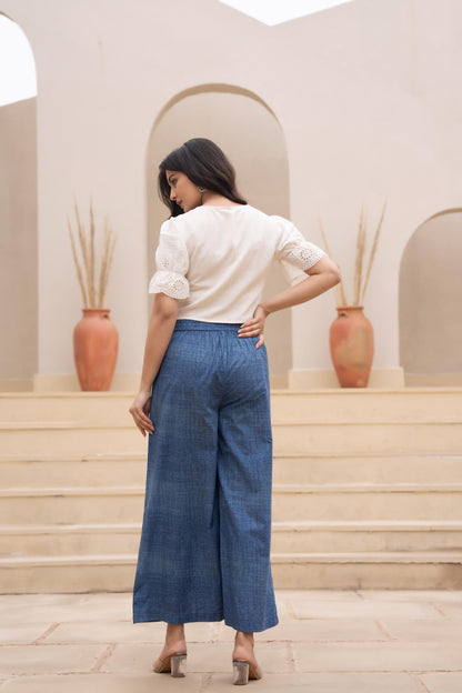 Juniper White Embroidered Crop Top With Light Blue Wide-Leg Pants - Distacart