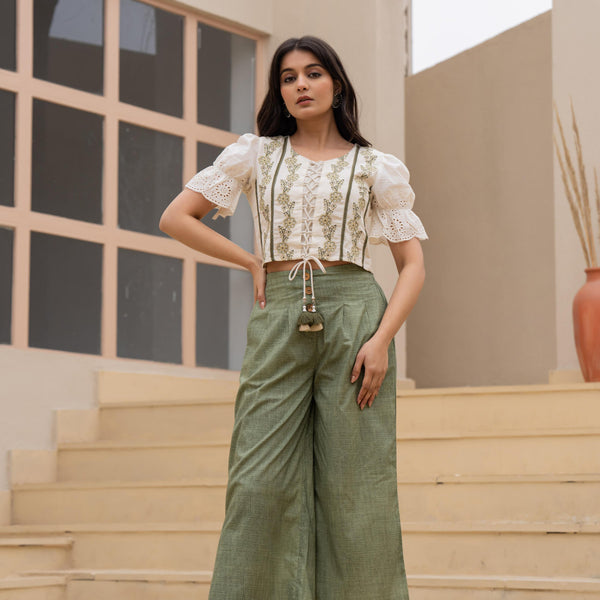 Juniper White Embroidered Crop Top With Light Green Wide-Leg Pants