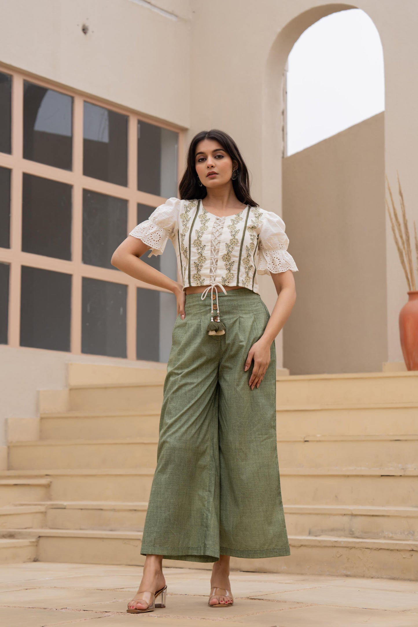 Juniper White Embroidered Crop Top With Light Green Wide-Leg Pants - Distacart