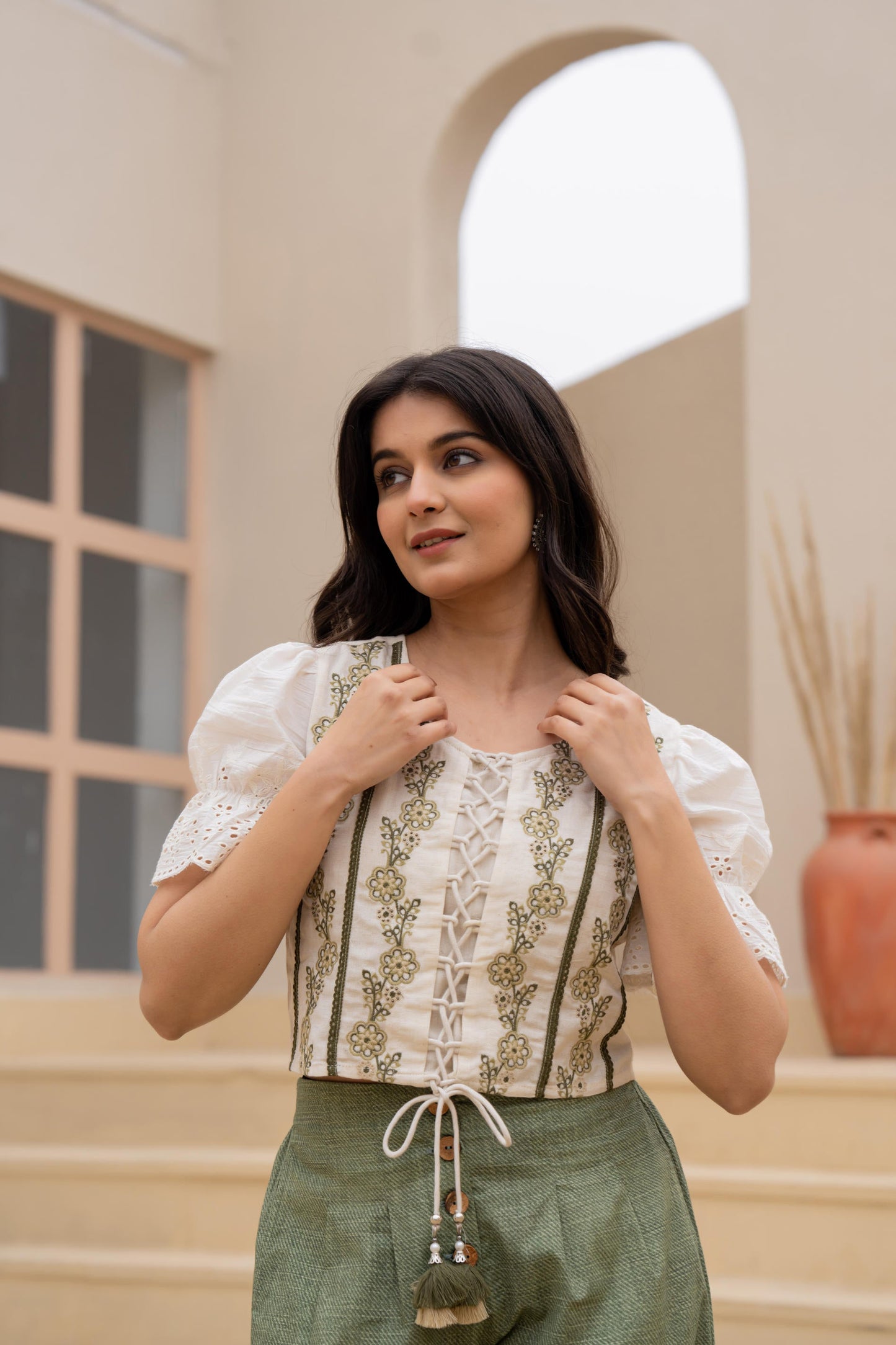 Juniper White Embroidered Crop Top With Light Green Wide-Leg Pants - Distacart