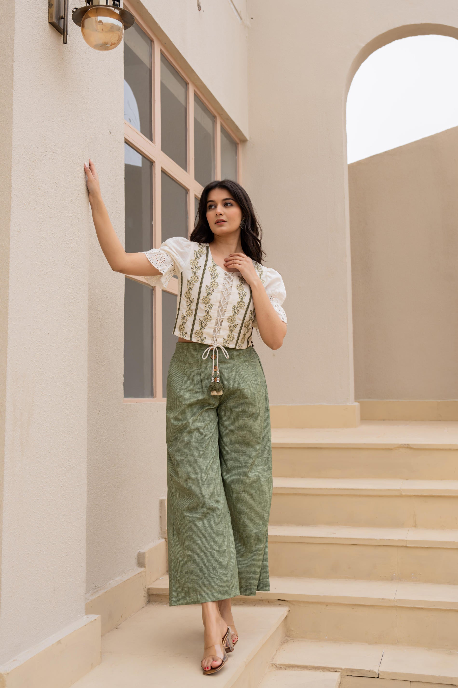 Juniper White Embroidered Crop Top With Light Green Wide-Leg Pants - Distacart