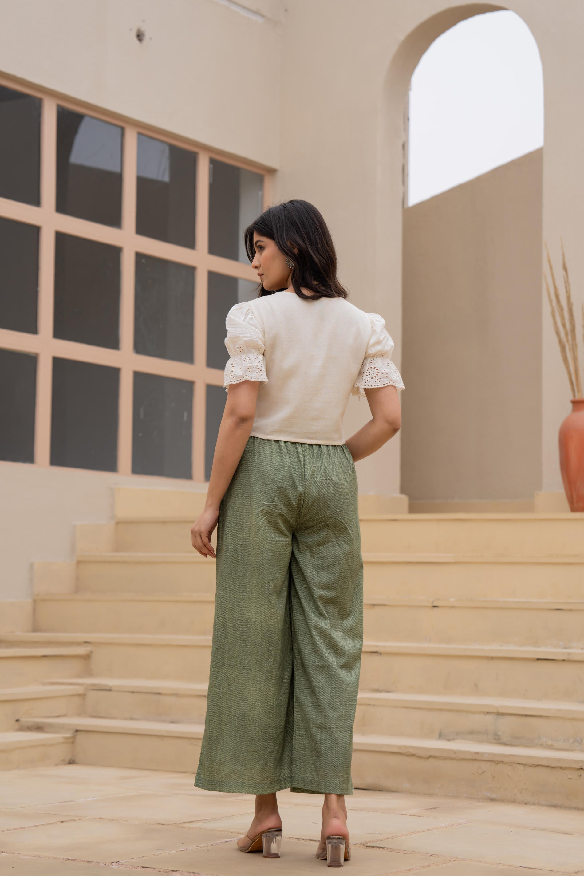 Juniper White Embroidered Crop Top With Light Green Wide-Leg Pants
