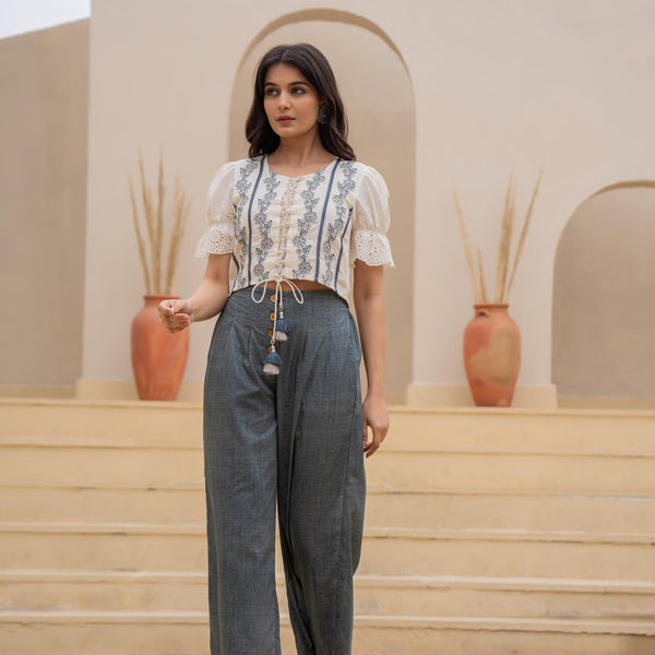 Juniper White Embroidered Crop Top With Grey Wide Leg Pants