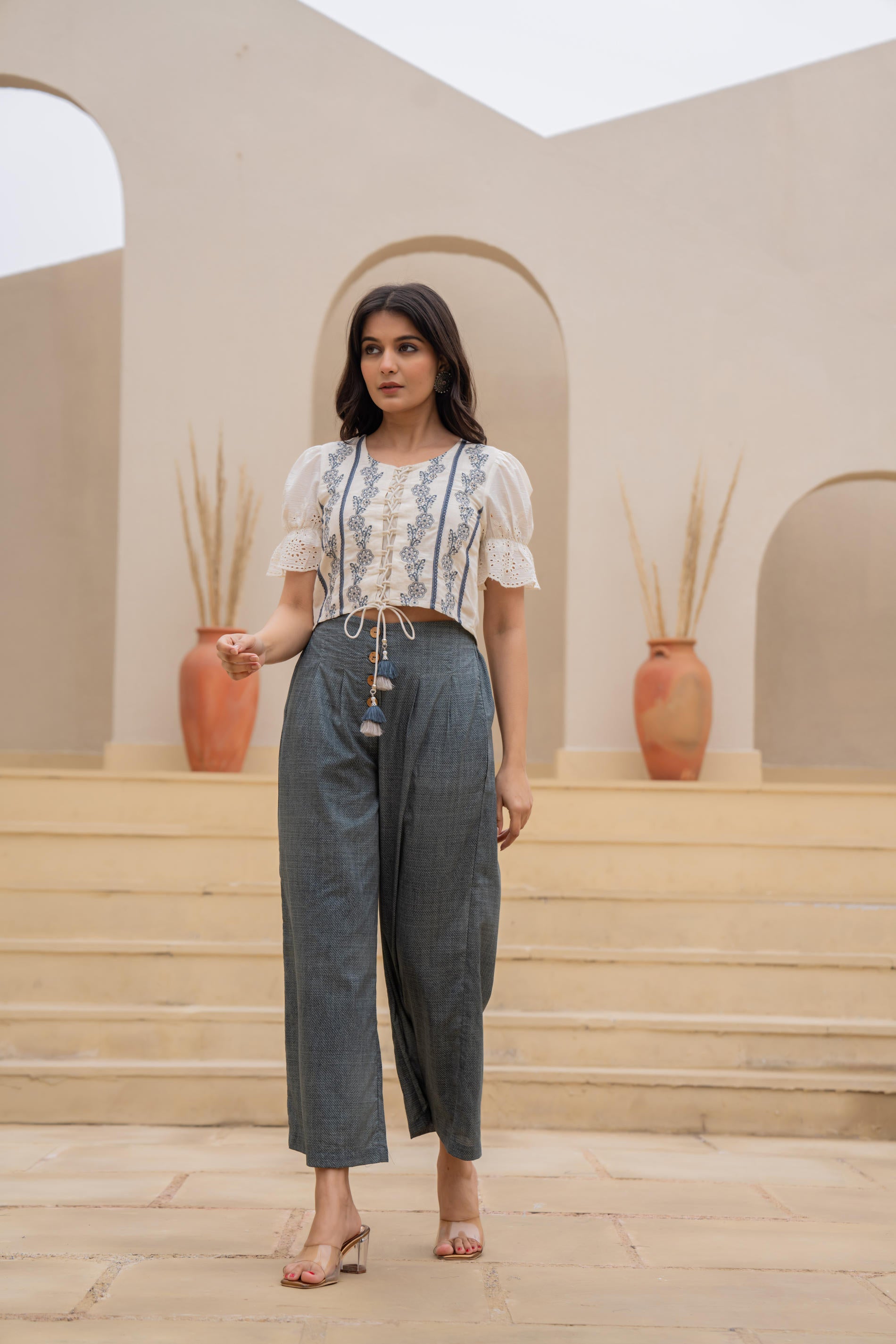 Juniper White Embroidered Crop Top With Grey Wide Leg Pants - Distacart