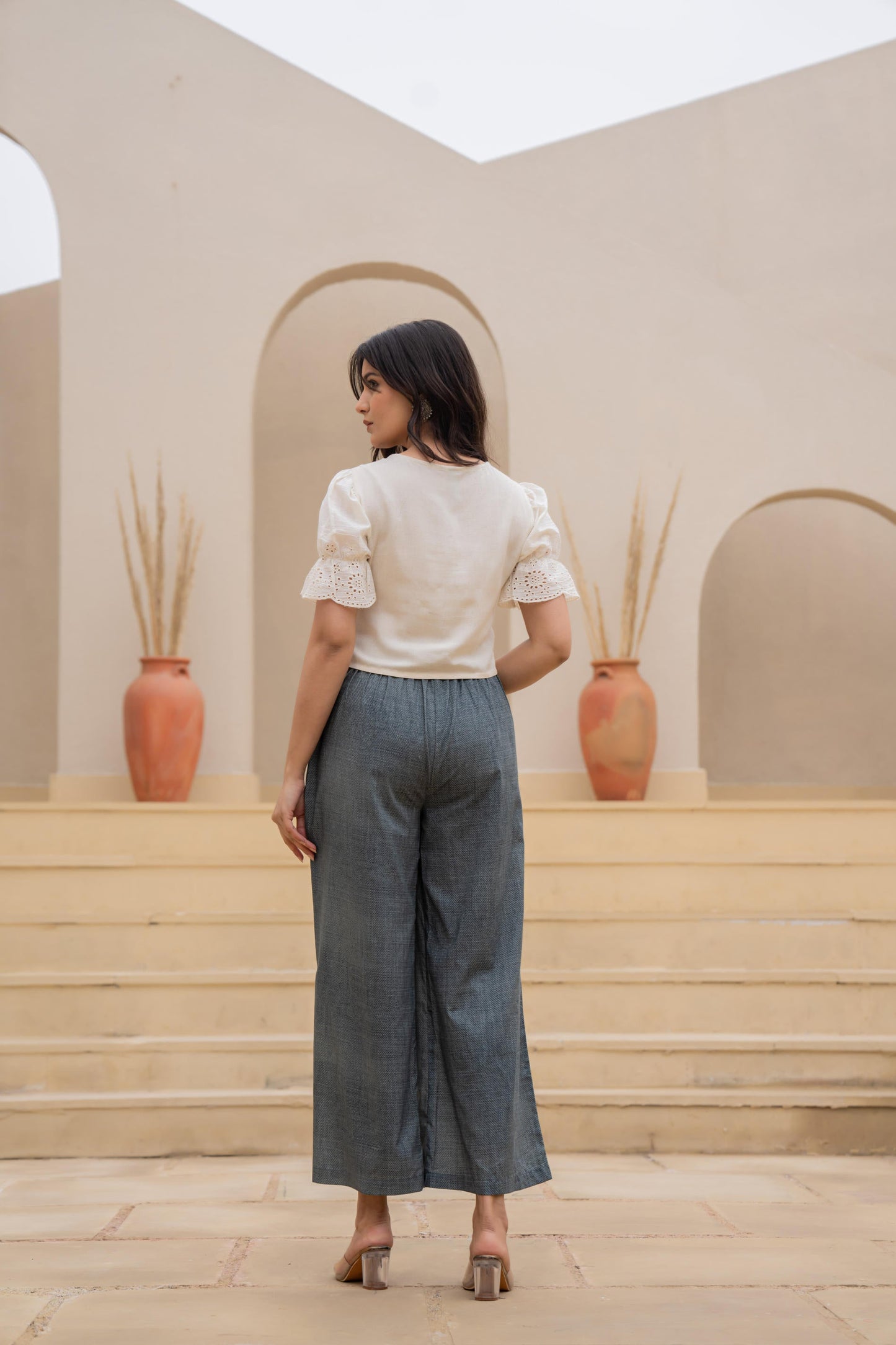 Juniper White Embroidered Crop Top With Grey Wide Leg Pants - Distacart