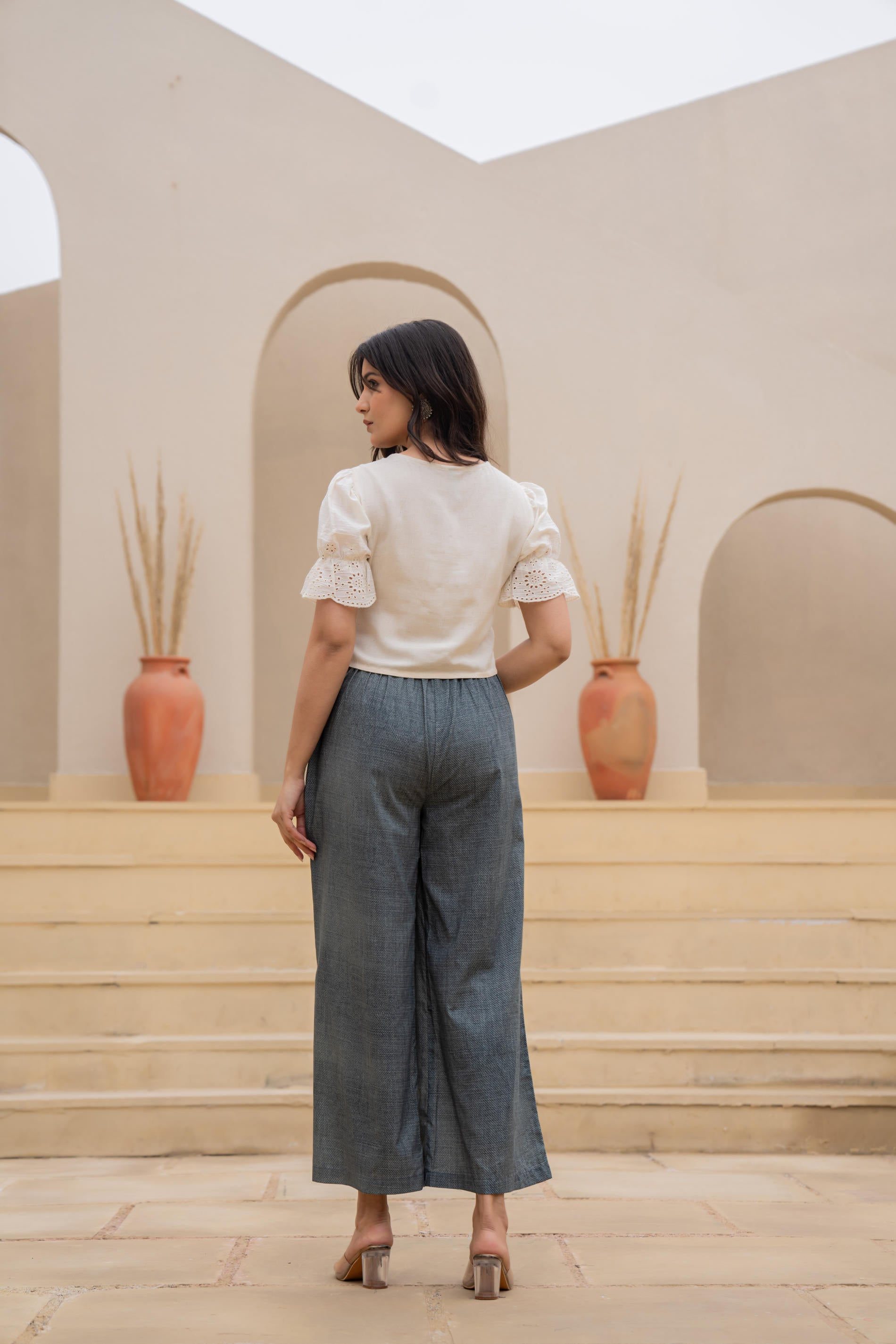 Juniper White Embroidered Crop Top With Grey Wide Leg Pants - Distacart