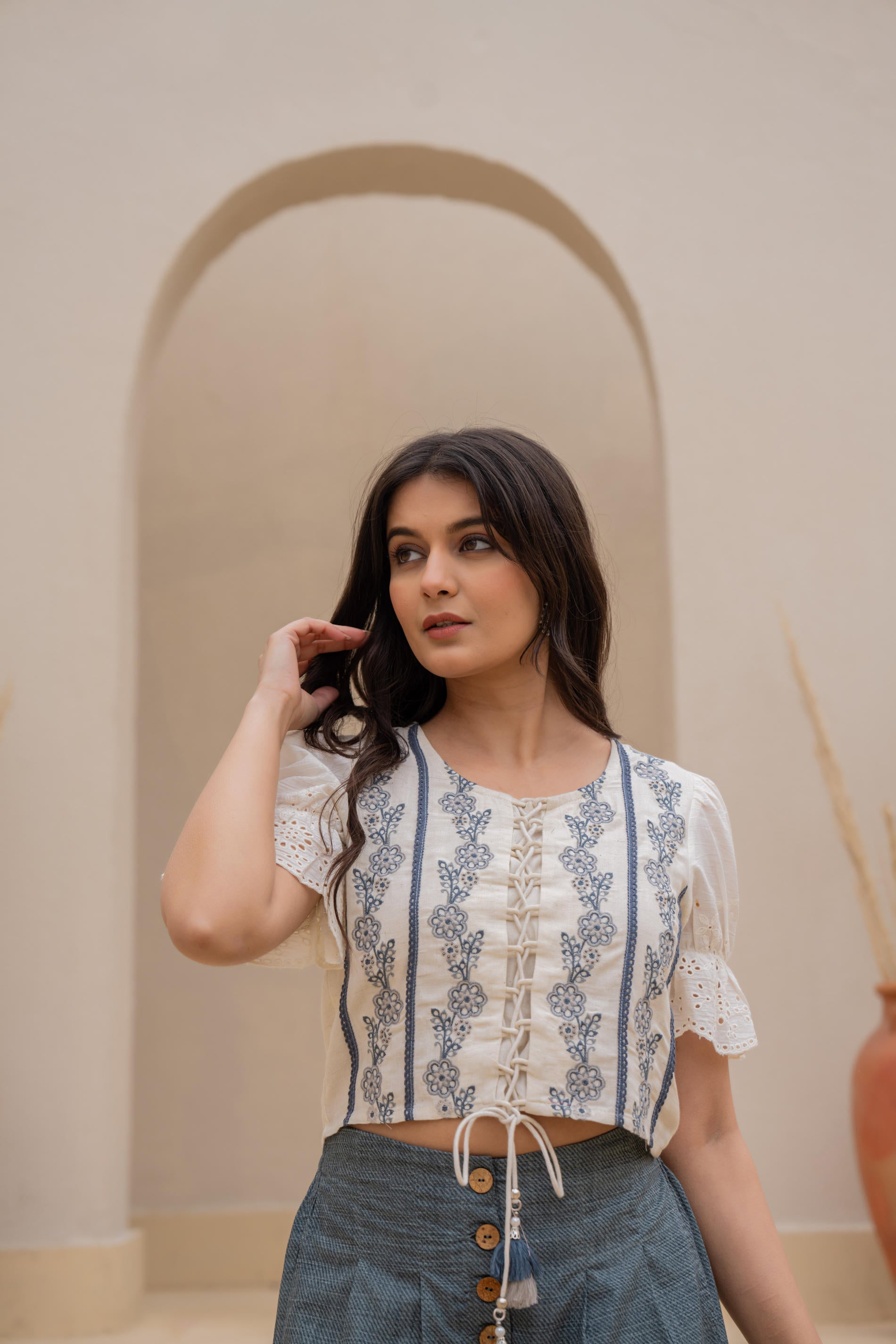 Juniper White Embroidered Crop Top With Grey Wide Leg Pants