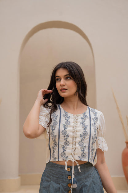 Juniper White Embroidered Crop Top With Grey Wide Leg Pants - Distacart