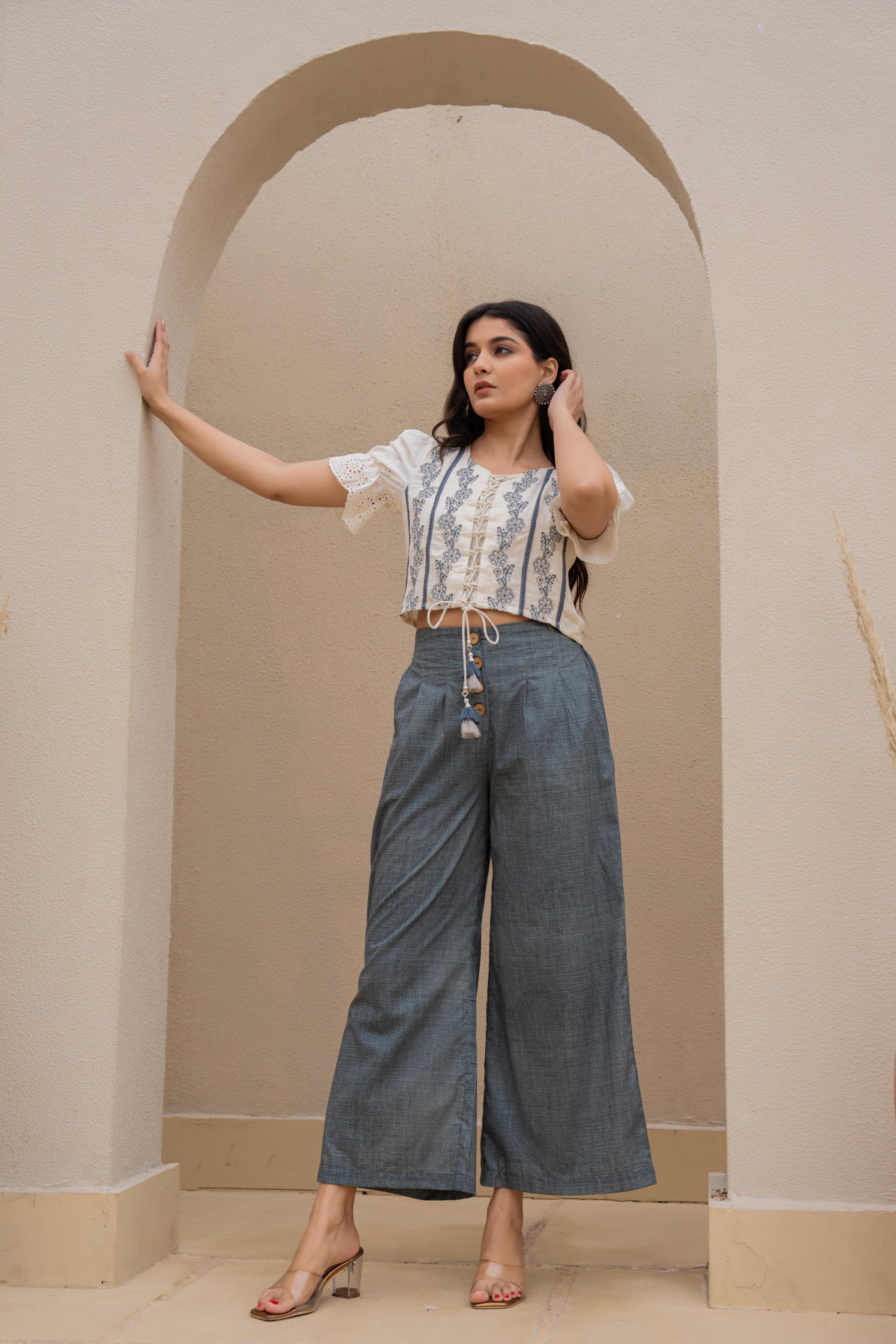 Juniper White Embroidered Crop Top With Grey Wide Leg Pants