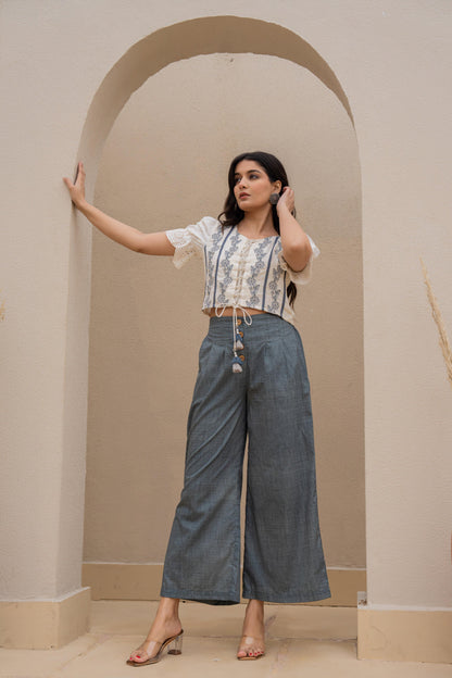Juniper White Embroidered Crop Top With Grey Wide Leg Pants - Distacart