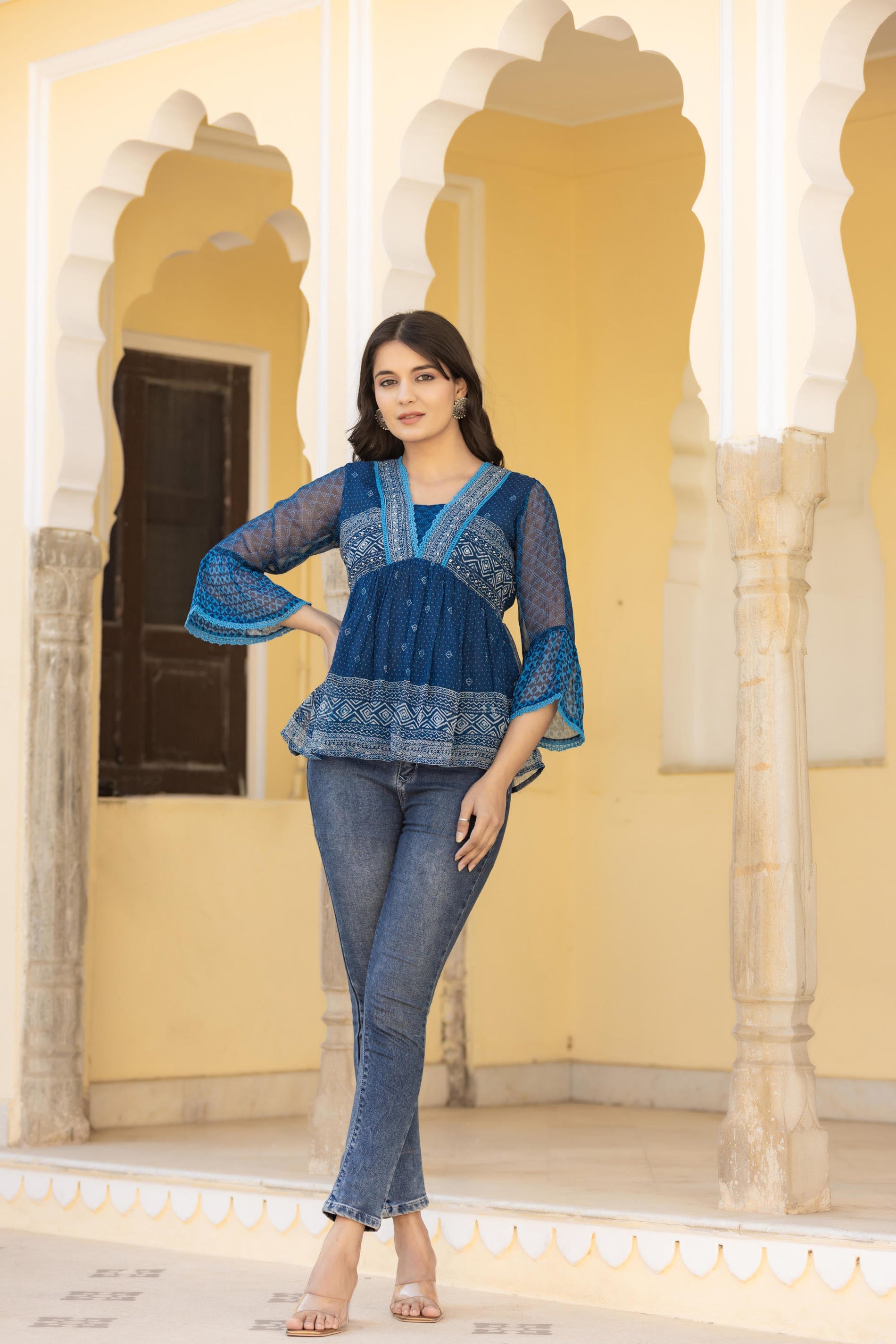 Juniper Indigo Blue Ethnic Motif Peplum Top with Sheer Sleeves