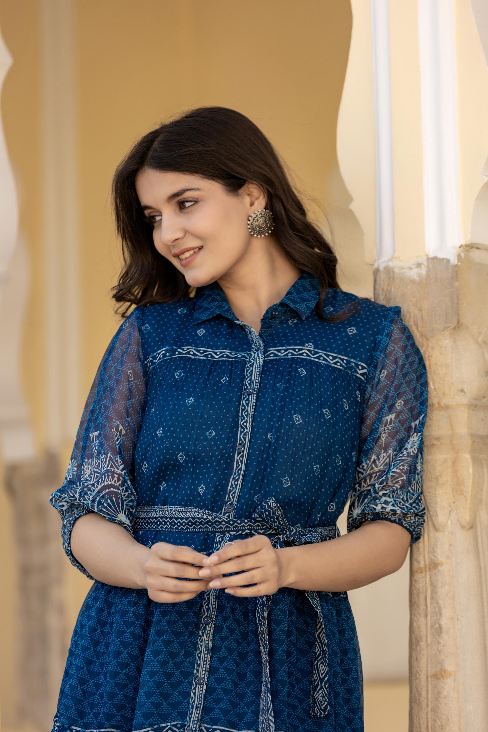 Juniper Indigo Blue Ethnic Shirt Dress with Belt and Sheer Sleeves