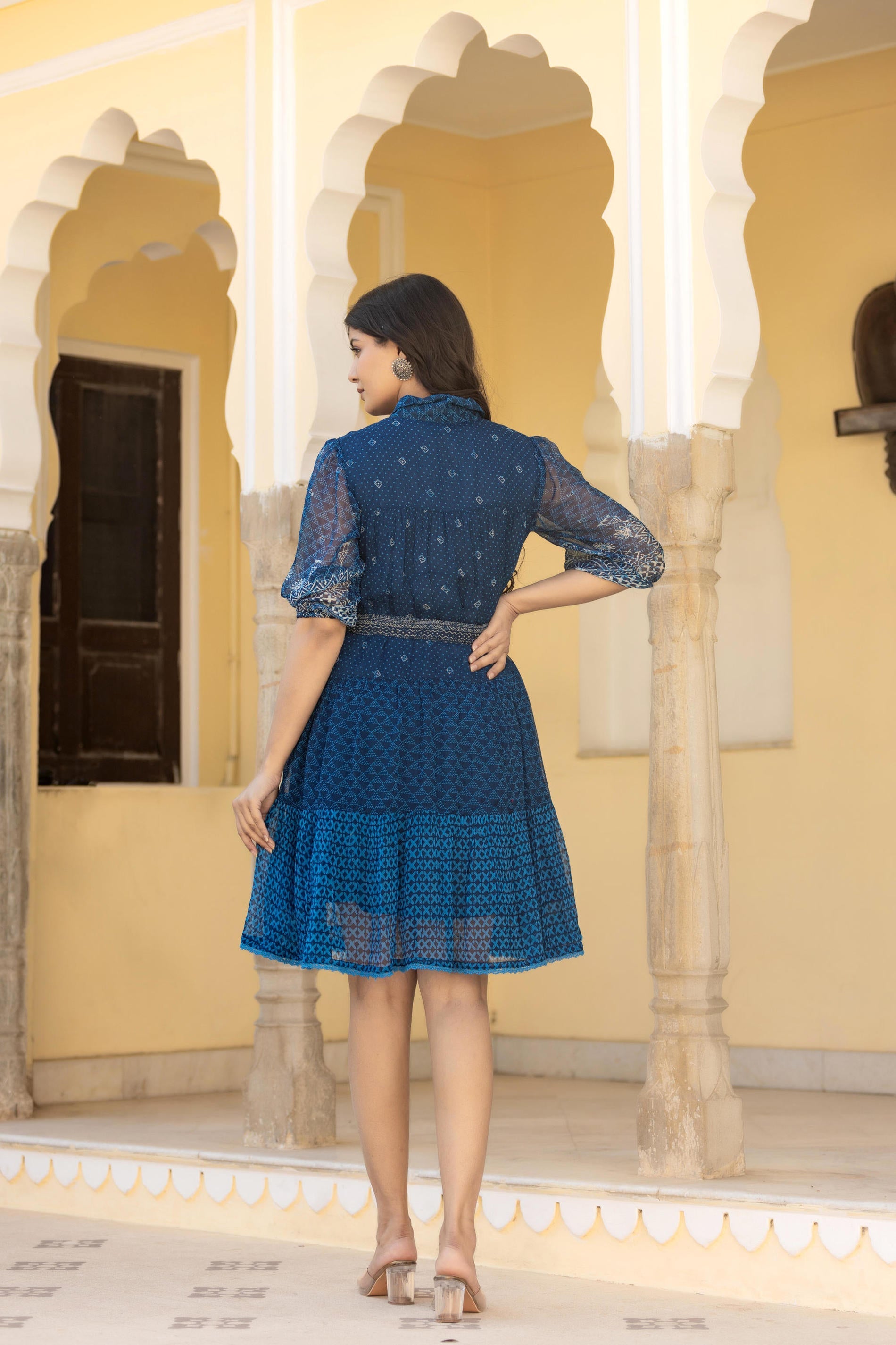 Juniper Indigo Blue Ethnic Shirt Dress with Belt and Sheer Sleeves