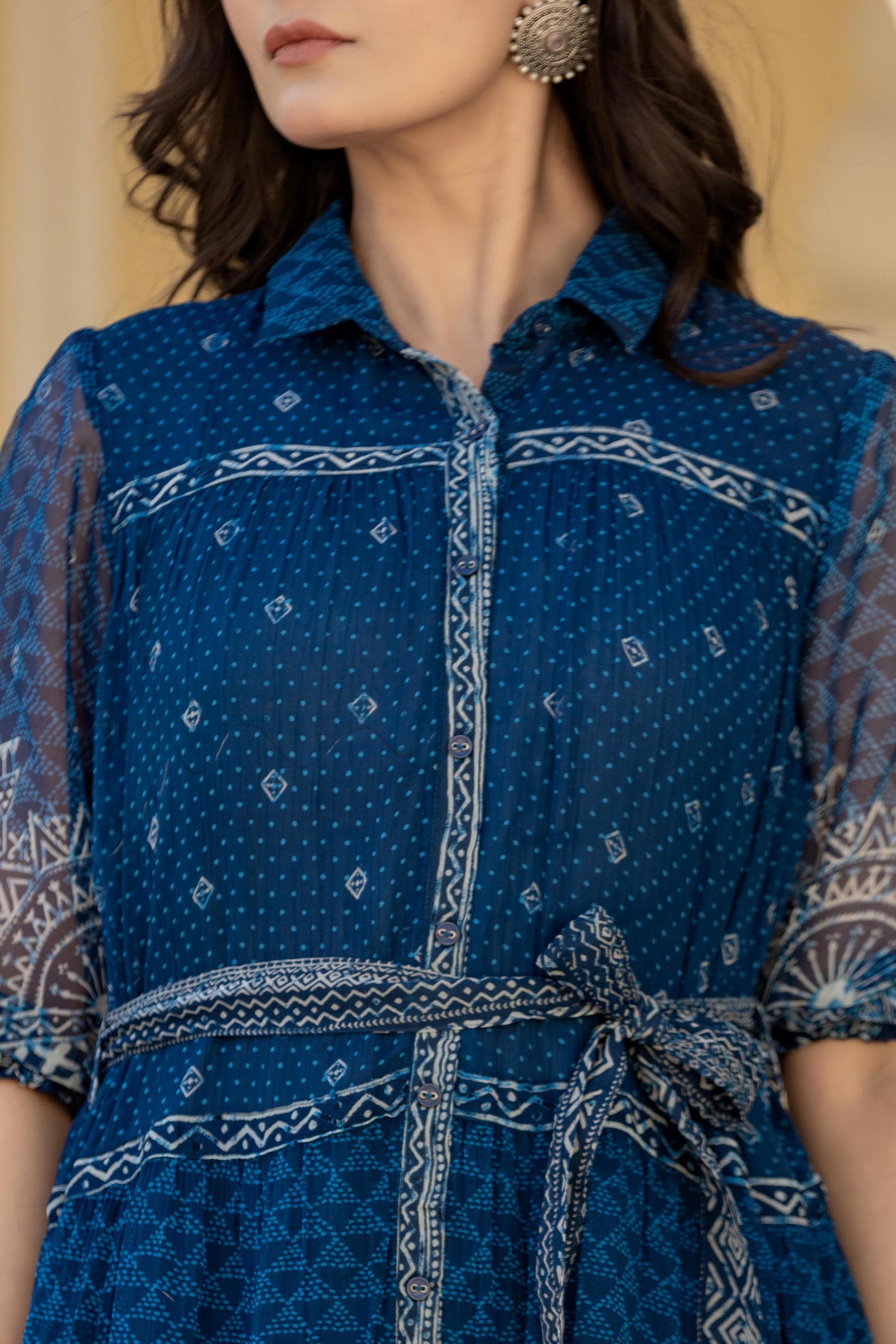 Juniper Indigo Blue Ethnic Shirt Dress with Belt and Sheer Sleeves
