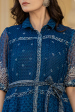 Thumbnail for Juniper Indigo Blue Ethnic Shirt Dress with Belt and Sheer Sleeves
