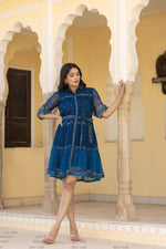 Thumbnail for Juniper Indigo Blue Ethnic Shirt Dress with Belt and Sheer Sleeves