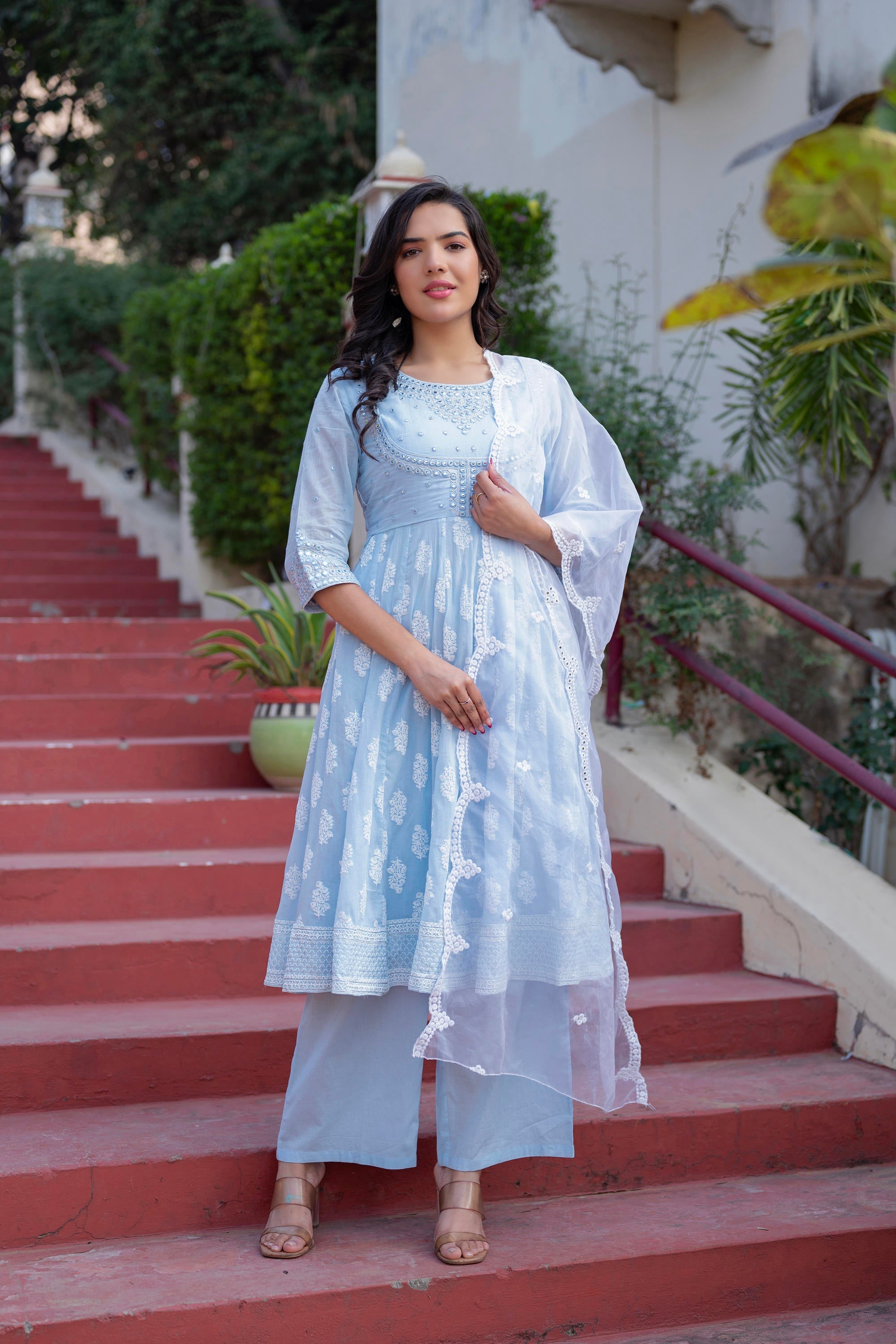 Juniper Sky Blue Cotton Mirror Embroidered Kurta with Palazzo & Organza Dupatta - Distacart