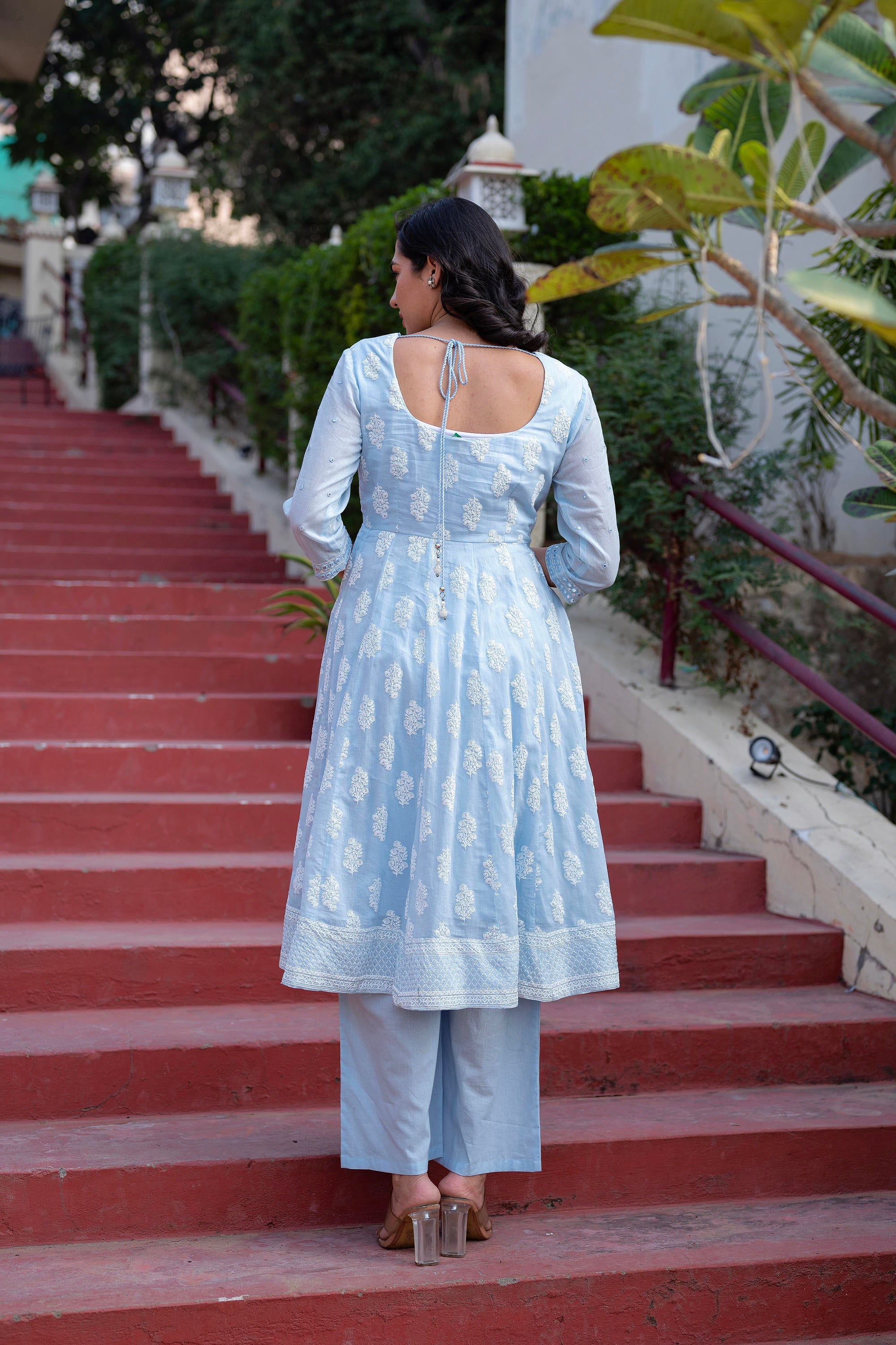 Juniper Sky Blue Cotton Mirror Embroidered Kurta with Palazzo & Organza Dupatta - Distacart