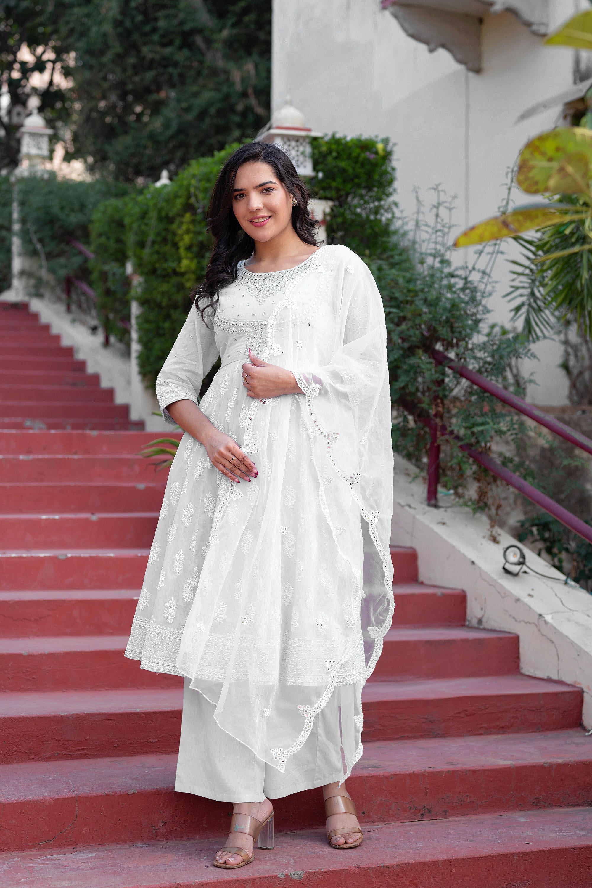 Juniper White Cotton Mirror Embroidered Kurta With Palazzo & Organza Dupatta - Distacart