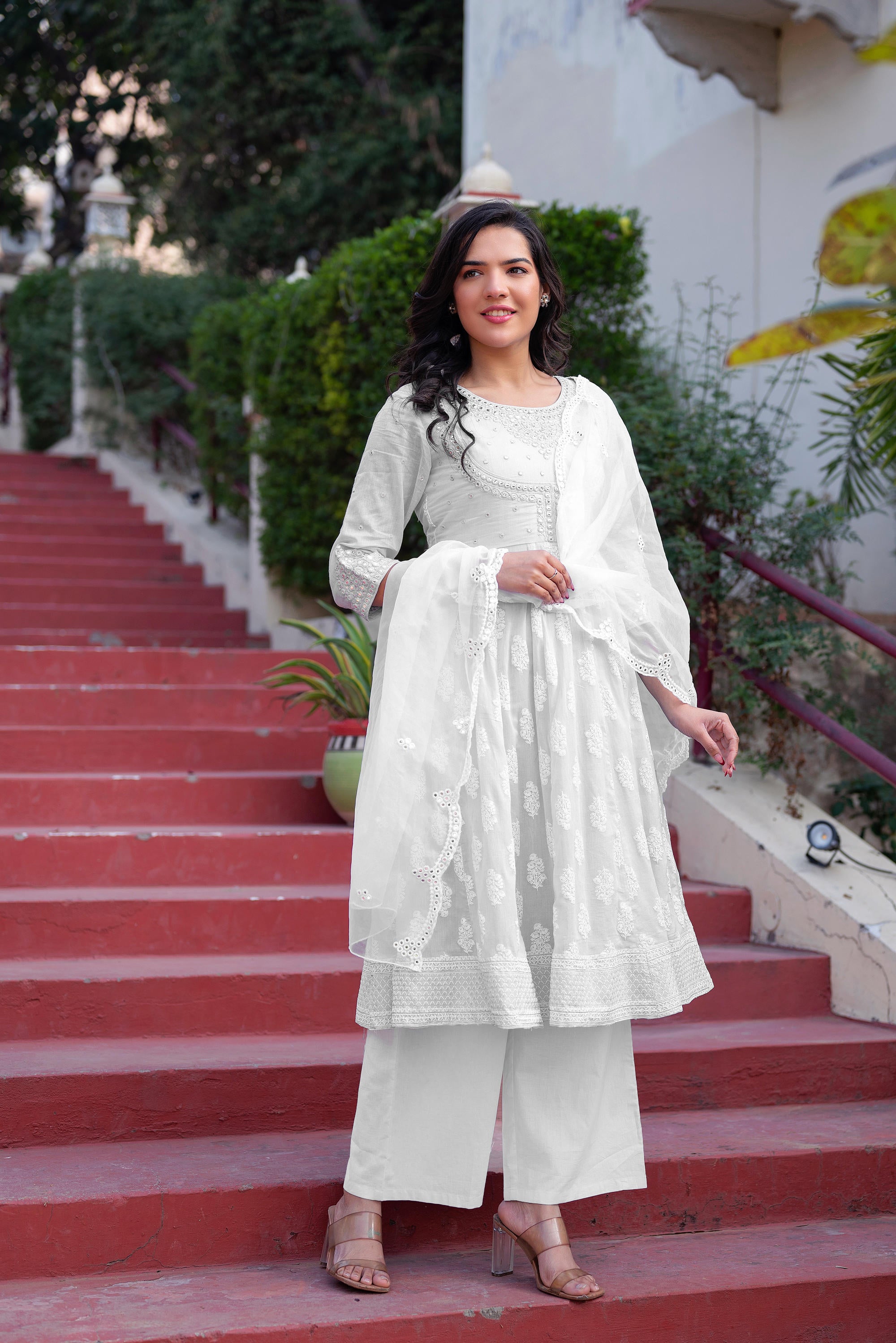 Juniper White Cotton Mirror Embroidered Kurta with Palazzo & Organza Dupatta - Distacart