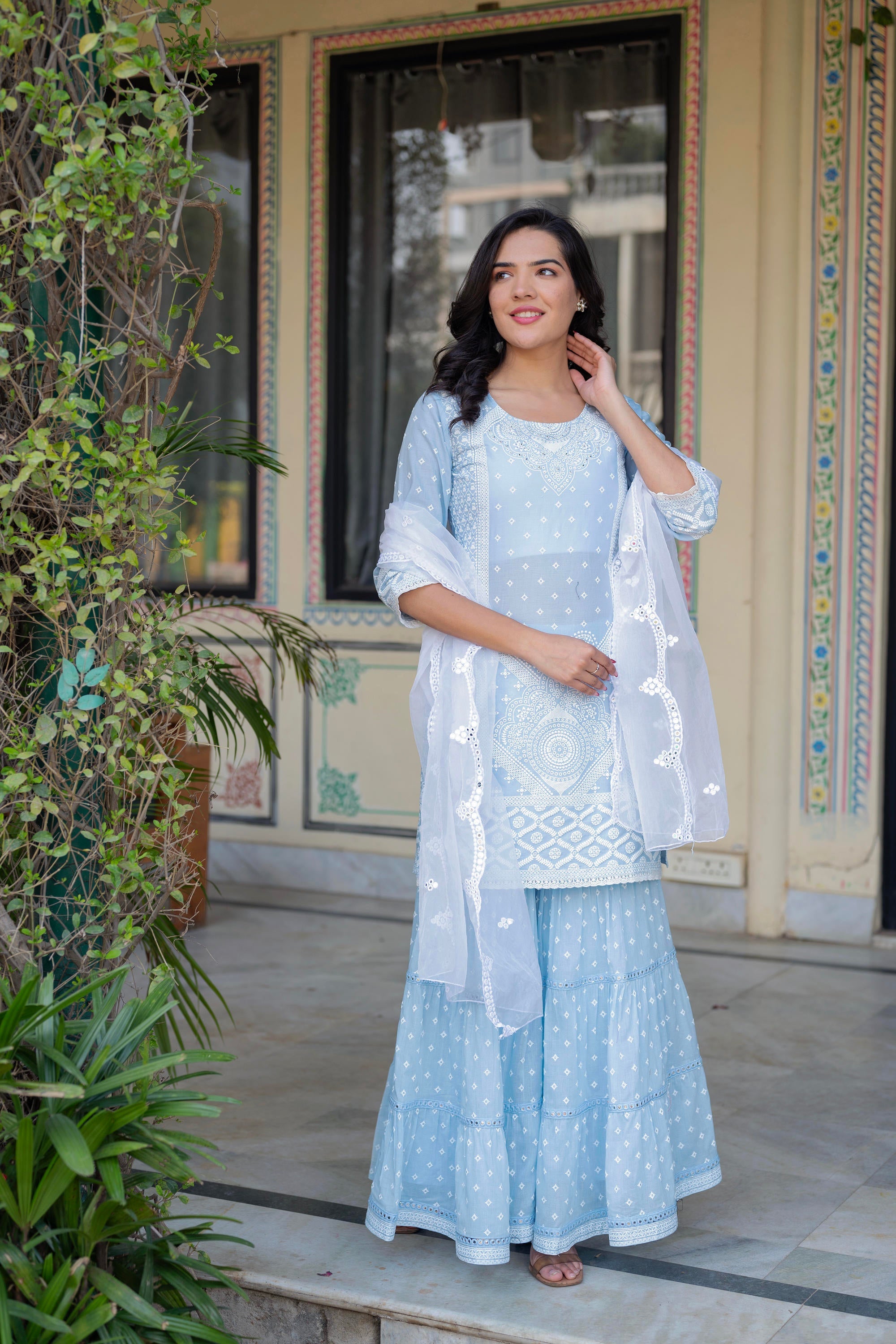 Juniper Sky Blue Cotton Mughal Printed Kurta with Gharara, Organza Dupatta, Mirror Work & Puff Print - Distacart