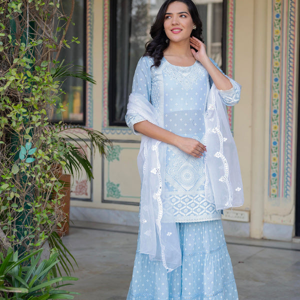 Juniper Sky Blue Cotton Mughal Printed Kurta with Gharara, Organza Dupatta, Mirror Work & Puff Print - Distacart