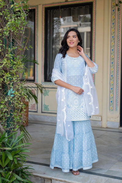 Juniper Sky Blue Cotton Mughal Printed Kurta with Gharara, Organza Dupatta, Mirror Work & Puff Print - Distacart