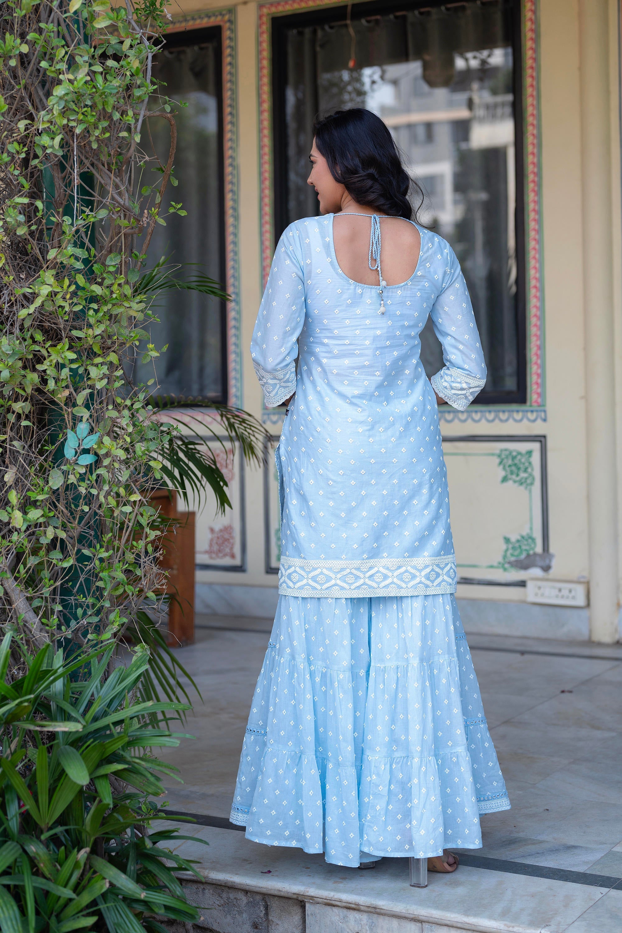 Juniper Sky Blue Cotton Mughal Printed Kurta with Gharara, Organza Dupatta, Mirror Work & Puff Print - Distacart