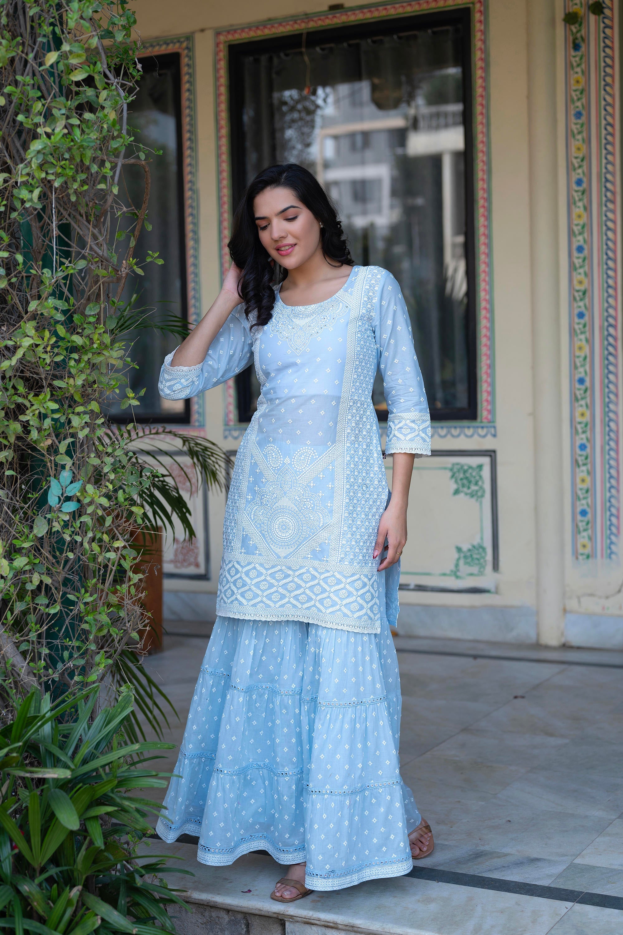 Juniper Sky Blue Cotton Mughal Printed Kurta with Gharara, Organza Dupatta, Mirror Work & Puff Print - Distacart