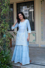 Thumbnail for Juniper Sky Blue Cotton Mughal Printed Kurta with Gharara, Organza Dupatta, Mirror Work & Puff Print - Distacart