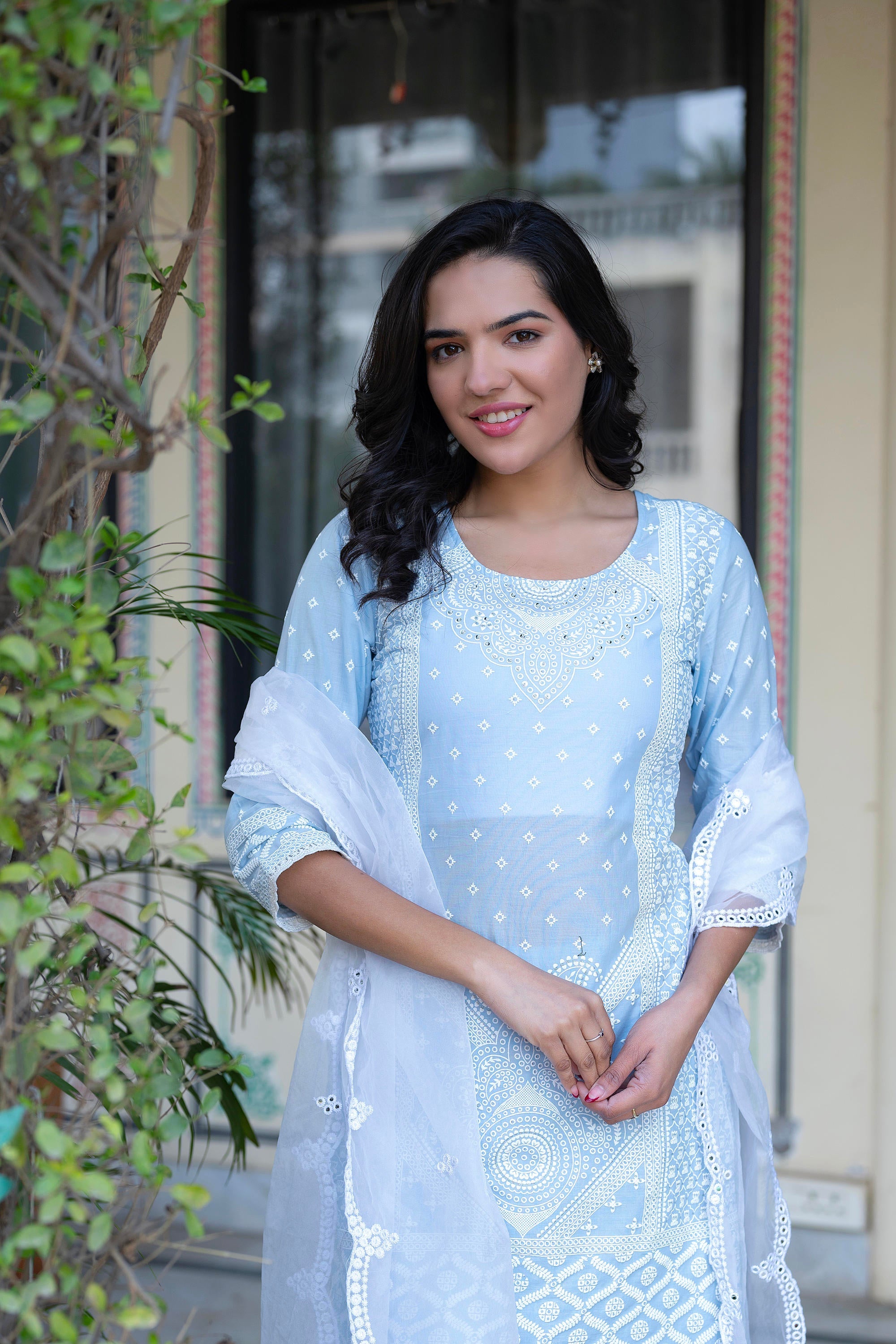 Juniper Sky Blue Cotton Mughal Printed Kurta with Gharara, Organza Dupatta, Mirror Work & Puff Print - Distacart