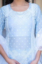 Thumbnail for Juniper Sky Blue Cotton Mughal Printed Kurta with Gharara, Organza Dupatta, Mirror Work & Puff Print - Distacart