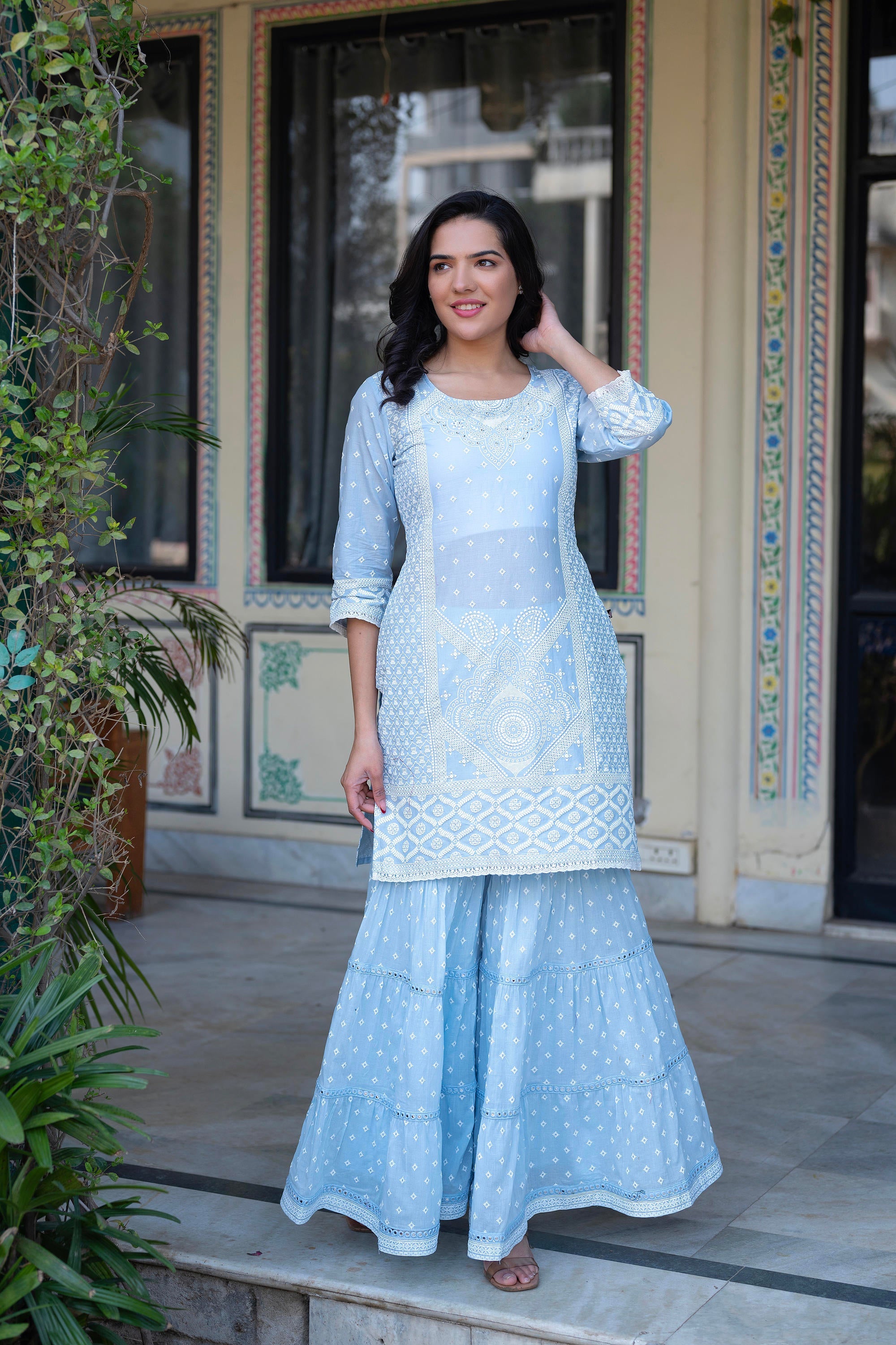 Juniper Sky Blue Cotton Mughal Printed Kurta with Gharara, Organza Dupatta, Mirror Work & Puff Print - Distacart