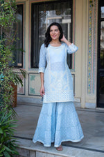 Thumbnail for Juniper Sky Blue Cotton Mughal Printed Kurta with Gharara, Organza Dupatta, Mirror Work & Puff Print - Distacart