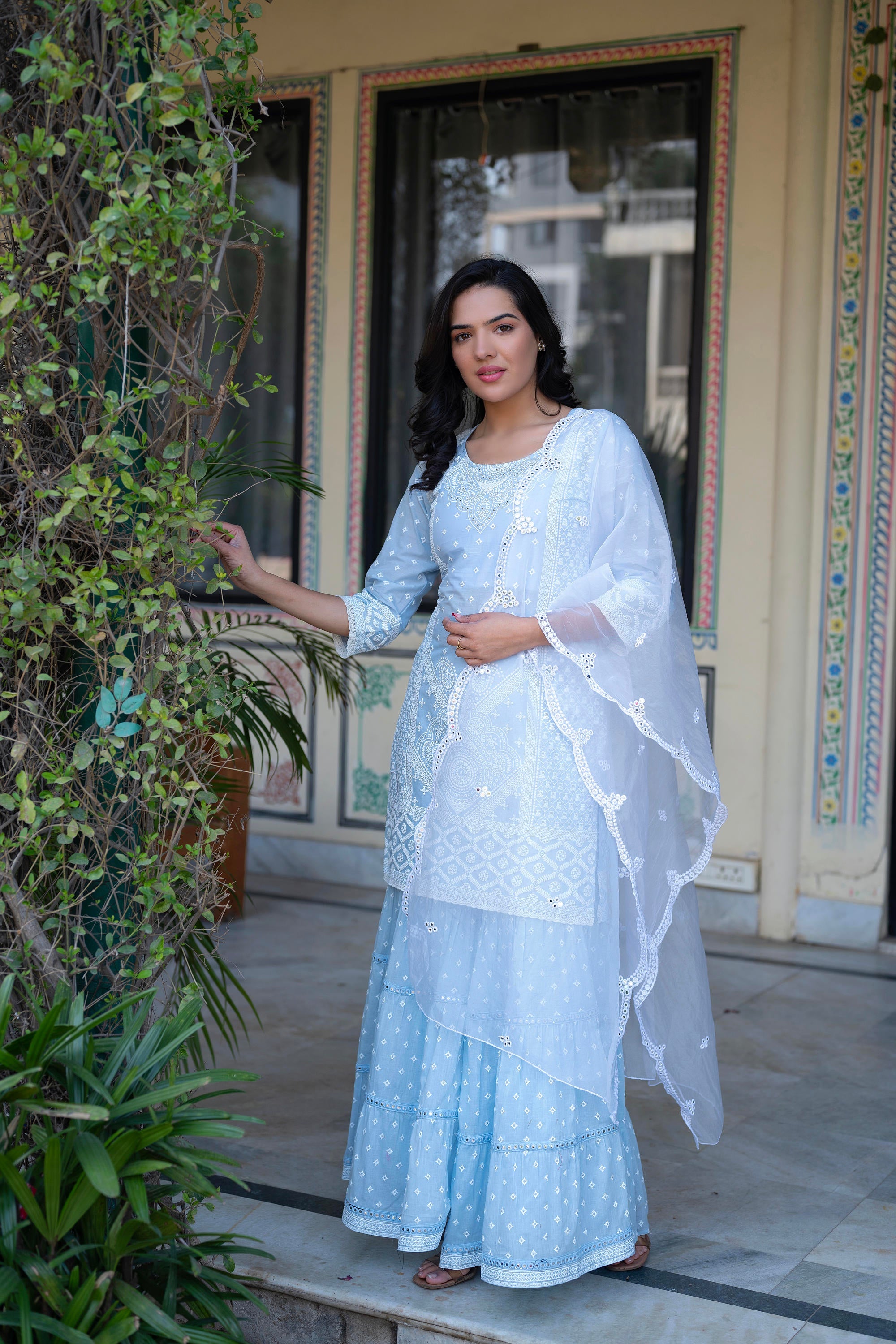 Juniper Sky Blue Cotton Mughal Printed Kurta with Gharara, Organza Dupatta, Mirror Work & Puff Print - Distacart