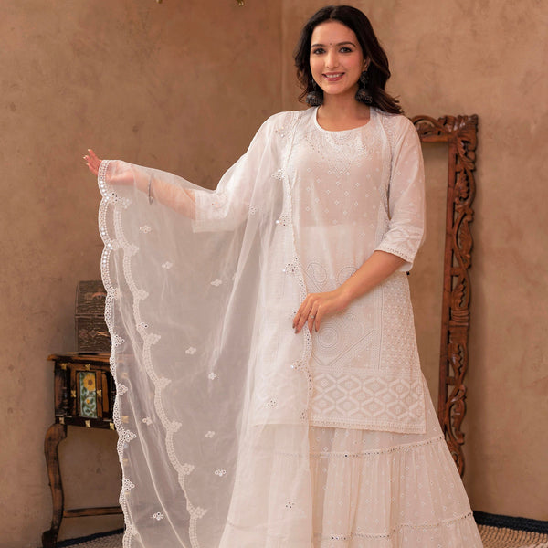 Juniper White Cotton Mughal Printed Kurta with Gharara, Organza Dupatta, Mirror Work & Puff Print - Distacart