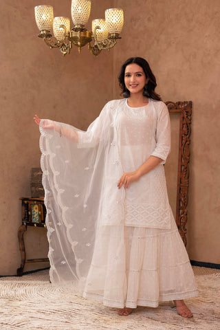 Juniper White Cotton Mughal Printed Kurta with Gharara, Organza Dupatta, Mirror Work & Puff Print - Distacart