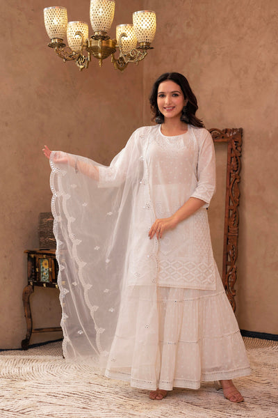 Juniper White Cotton Mughal Printed Kurta With Gharara, Organza Dupatta, Mirror Work & Puff Print