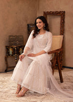 Thumbnail for Juniper White Cotton Mughal Printed Kurta With Gharara, Organza Dupatta, Mirror Work & Puff Print