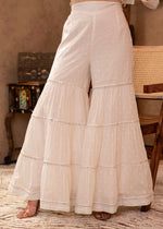 Thumbnail for Juniper White Cotton Mughal Printed Kurta With Gharara, Organza Dupatta, Mirror Work & Puff Print