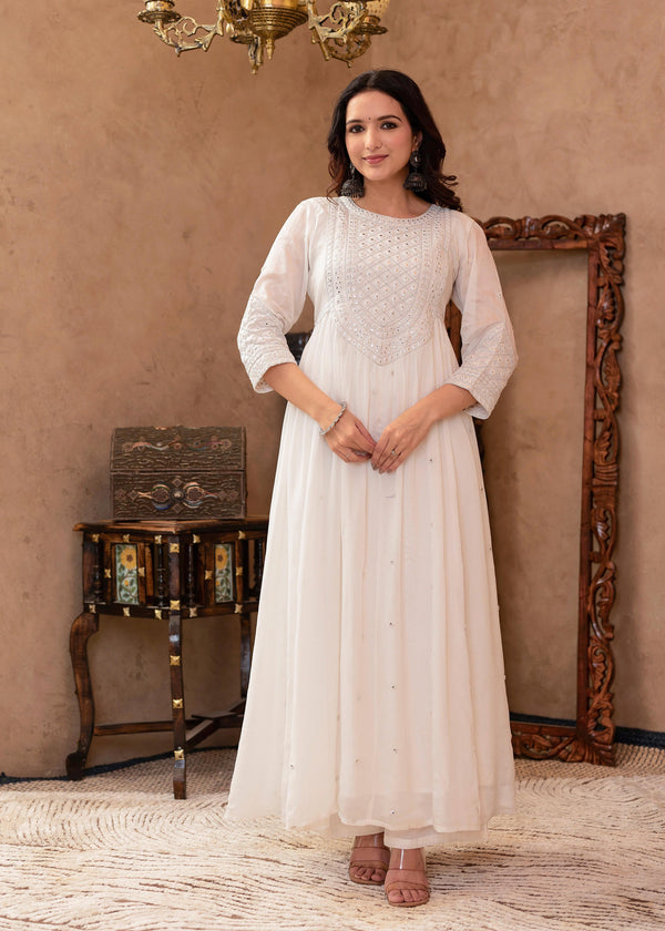 Juniper White Viscose Flared Mirror Embroidered Kurta with Cotton Lining & Button Details - Distacart