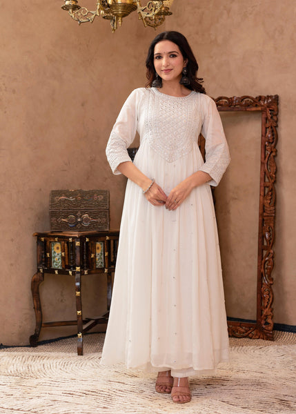Juniper White Viscose Flared Mirror Embroidered Kurta with Cotton Lining & Button Details - Distacart