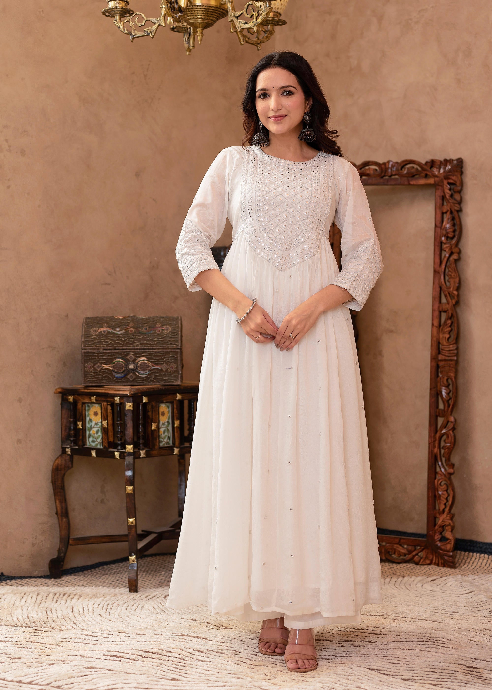 Juniper White Viscose Flared Mirror Embroidered Kurta With Cotton Lining & Button Details