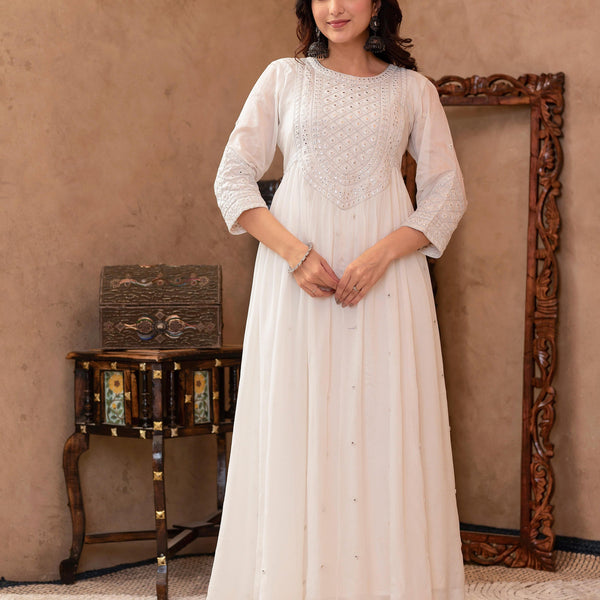 Juniper White Viscose Flared Mirror Embroidered Kurta With Cotton Lining & Button Details - Distacart